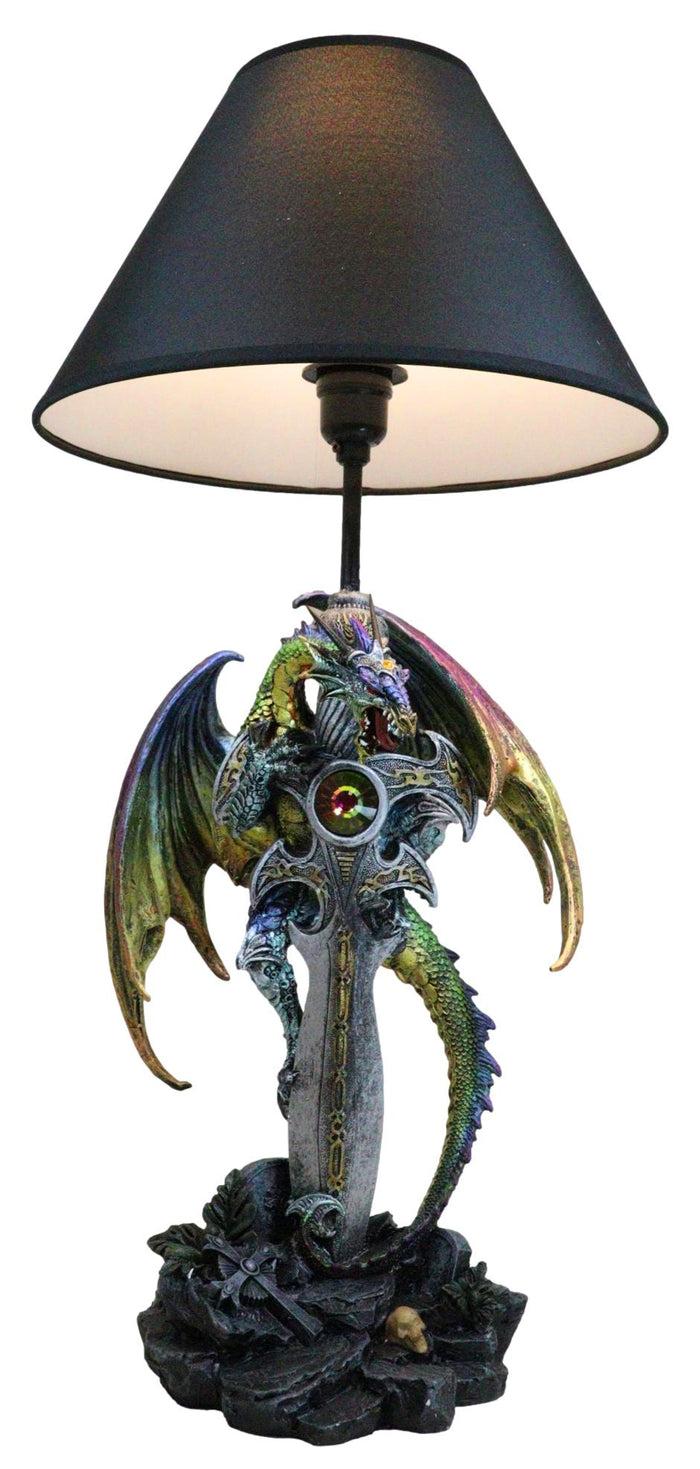 ebros gift Golden Green Dragon Holding Excalibur Sword With Crystal At Graveyard Table Lamp