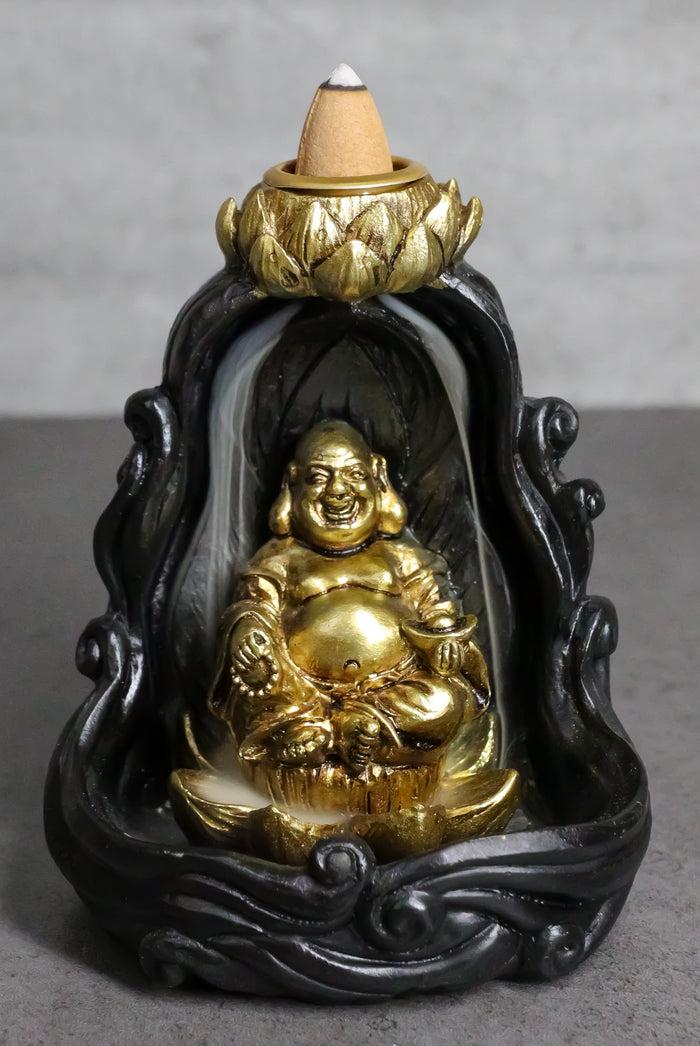 ebros gift Golden Laughing Buddha Hotei On Black Cloud Lotus Backflow Incense Cone Burner