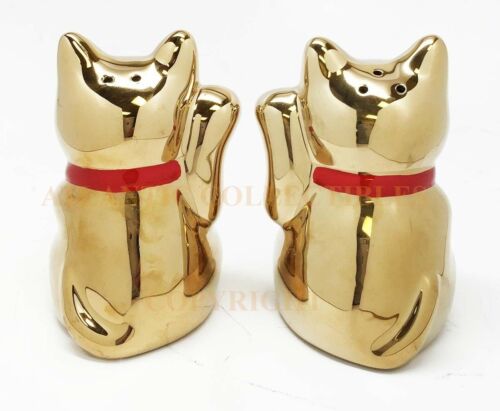 Ebros Gift Golden Lucky Fortune Japanese Maneki Neko Cats Ceramic Salt Pepper Shakers