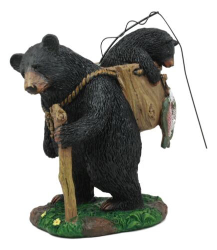 Ebros Gift "Gone Fishing" Mother Black Bear With Cub In Fishing Backpack Statue Wildlife