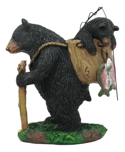 Ebros Gift "Gone Fishing" Mother Black Bear With Cub In Fishing Backpack Statue Wildlife