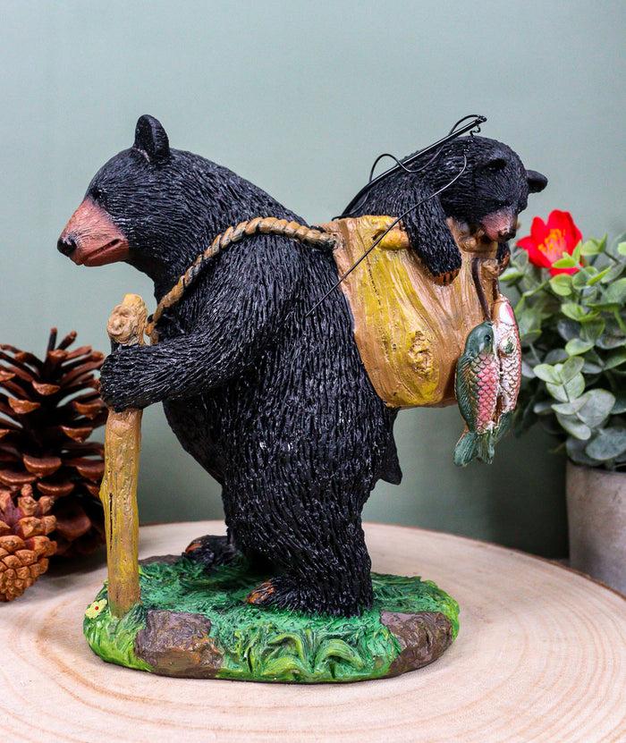 ebros gift "Gone Fishing" Mother Black Bear With Cub In Fishing Backpack Statue Wildlife