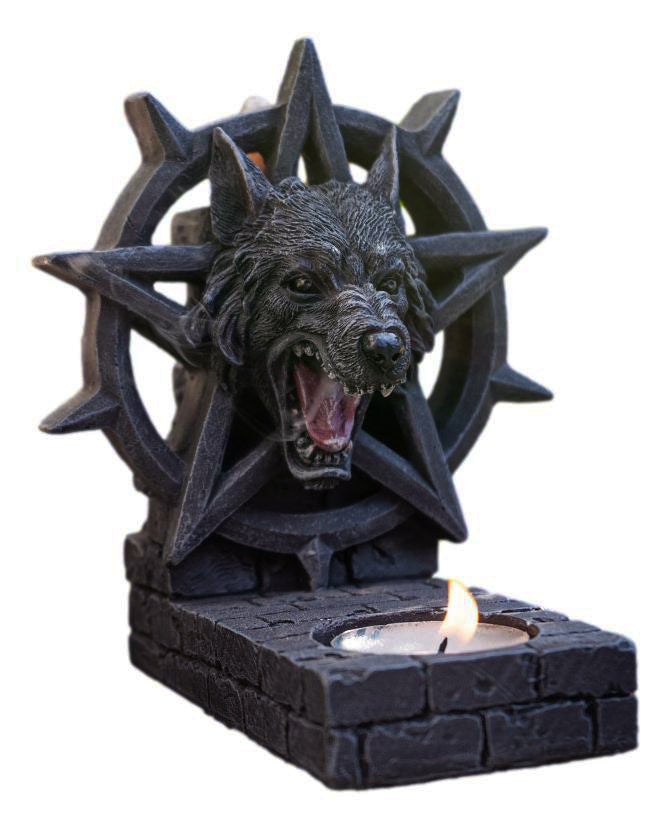 ebros gift Gothic Alpha Wolf Pentagram Wheel Candle And Backflow Incense Cone Burner Holder