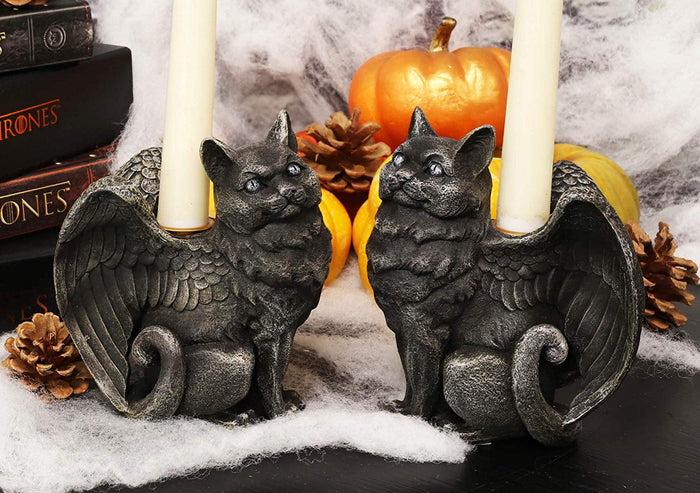 Ebros Gift Gothic Angel Winged Cat Gargoyles Left And Right Facing Candle Holder Statue Set