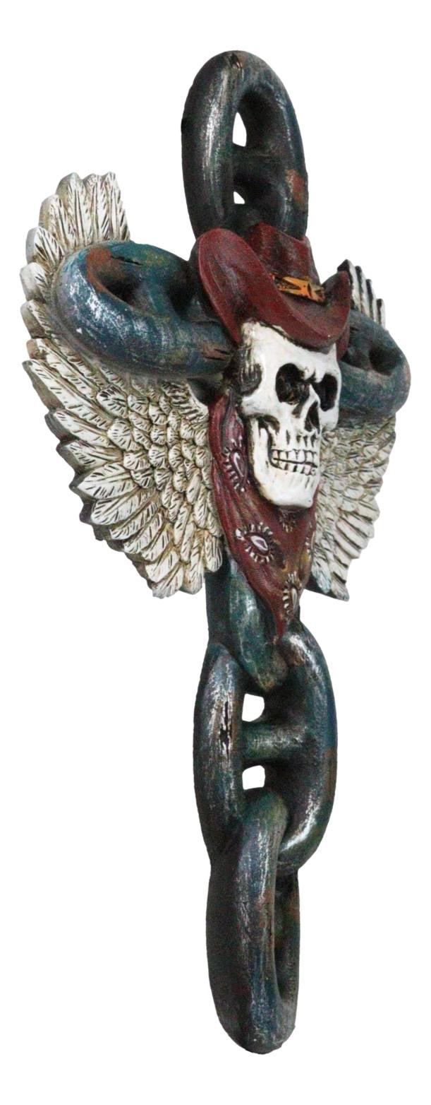 Ebros Gift Gothic Angel Winged Cowboy Skull With Red Scarf Prison Shackle Chains Wall Cross