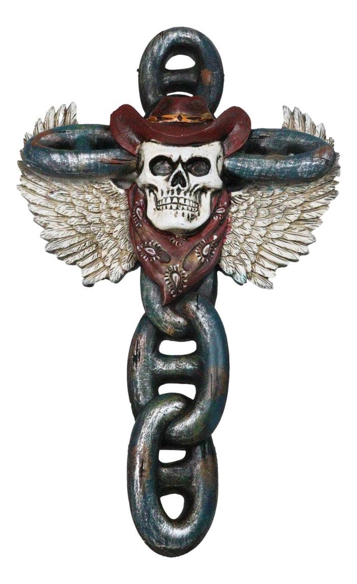 ebros gift Gothic Angel Winged Cowboy Skull With Red Scarf Prison Shackle Chains Wall Cross