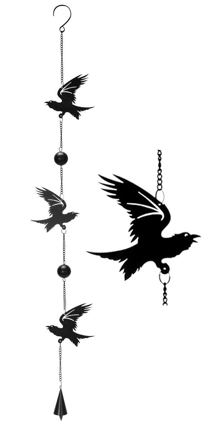 Ebros Gift Gothic Bad Omen Trio Crow Ravens Metal Wall Hanging Mobile Wind Chime With Beads