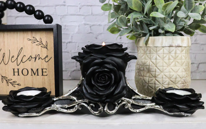 ebros gift Gothic Baroque Victorian Black Roses Triple Votive Candle Holder Figurine