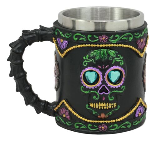 Ebros Gift Gothic Black Day Of The Dead Sugar Skull Mug Silhouette In Bright Floral Colors