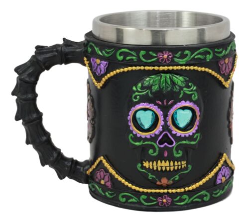 Ebros Gift Gothic Black Day Of The Dead Sugar Skull Mug Silhouette In Bright Floral Colors
