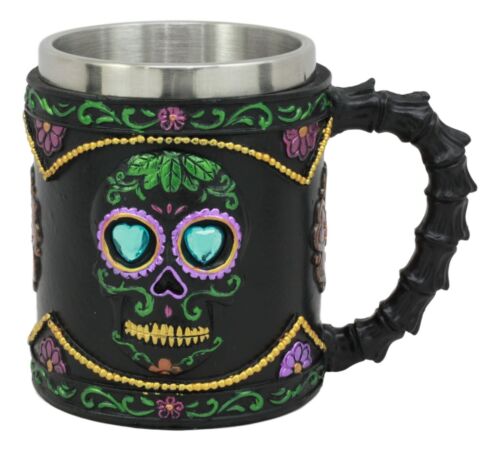 Ebros Gift Gothic Black Day Of The Dead Sugar Skull Mug Silhouette In Bright Floral Colors