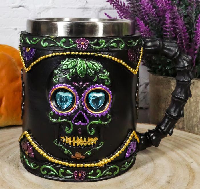 ebros gift Gothic Black Day of The Dead Sugar Skull Mug Silhouette In Bright Floral Colors