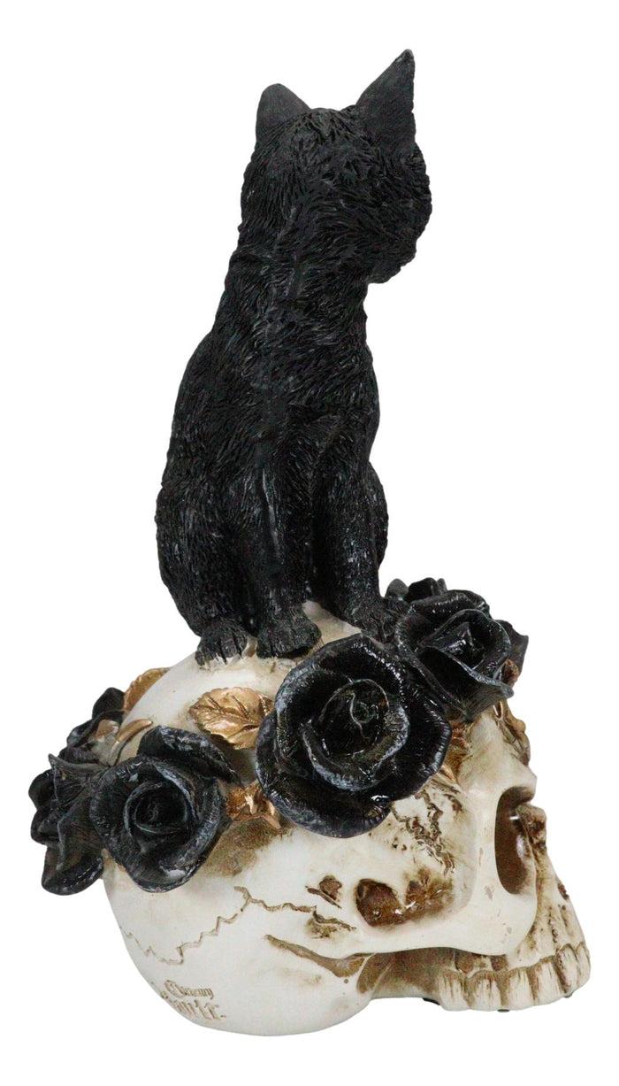 Ebros Gift Gothic Black Feline Cat Sitting On Rose Vampire Skull Grimalkin's Ghost Figurine
