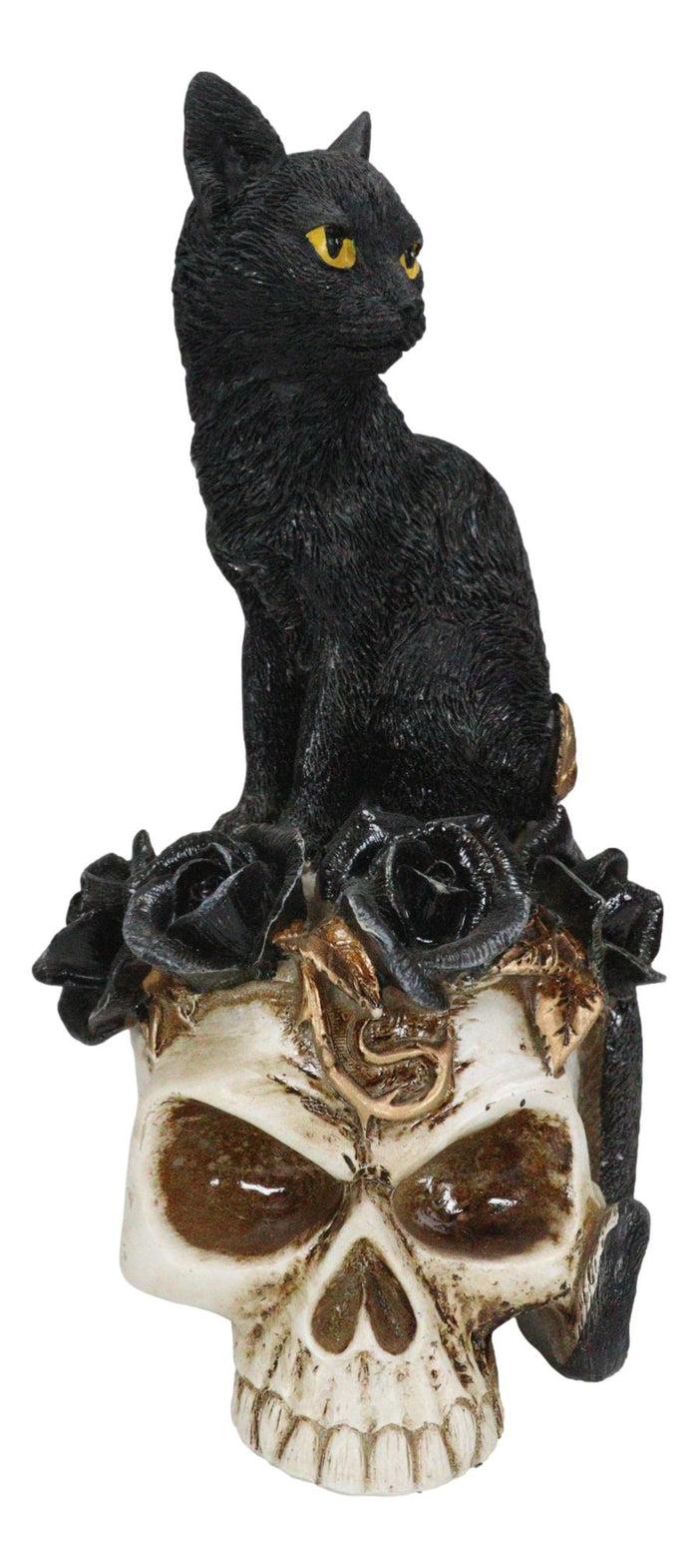 Ebros Gift Gothic Black Feline Cat Sitting On Rose Vampire Skull Grimalkin's Ghost Figurine