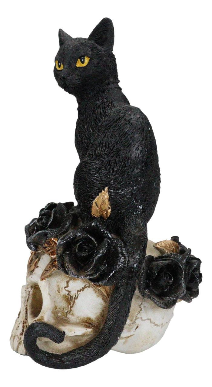 Ebros Gift Gothic Black Feline Cat Sitting On Rose Vampire Skull Grimalkin's Ghost Figurine