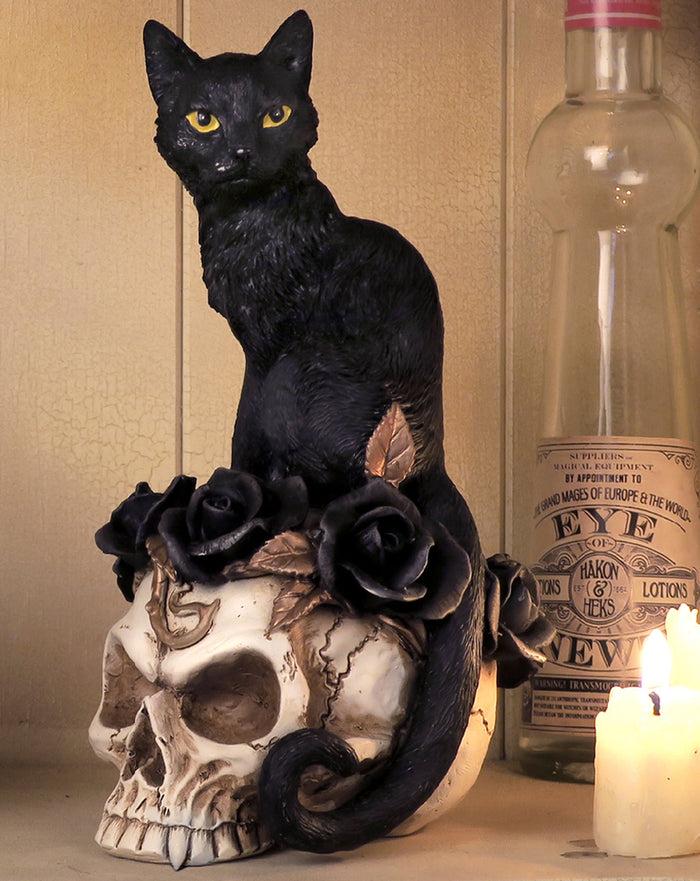 ebros gift Gothic Black Feline Cat Sitting On Rose Vampire Skull Grimalkin's Ghost Figurine