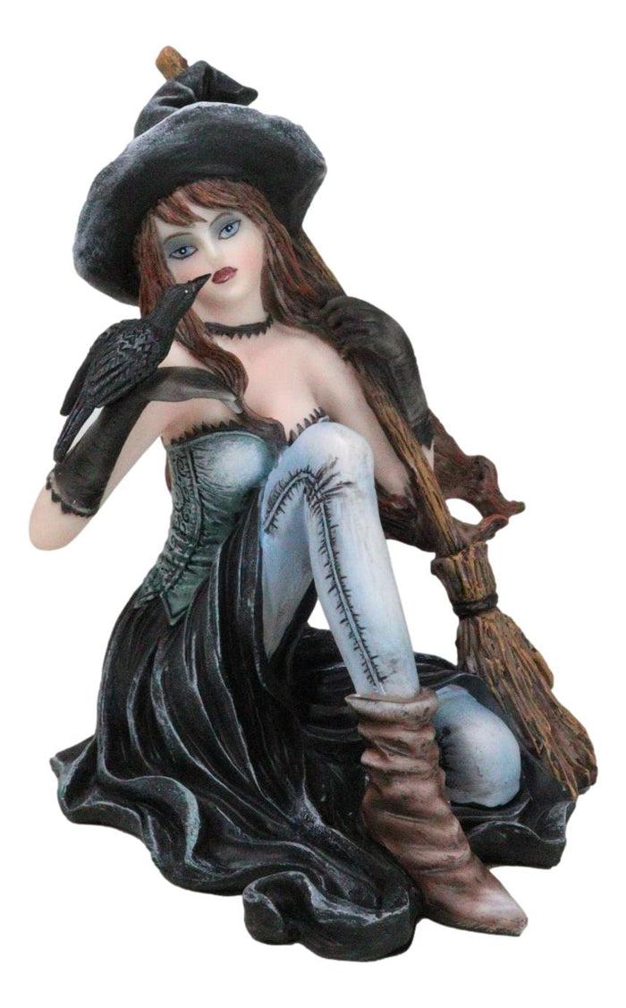ebros gift Gothic Black Witch Sorceress with Raven Crow and Magical Broomstick Figurine