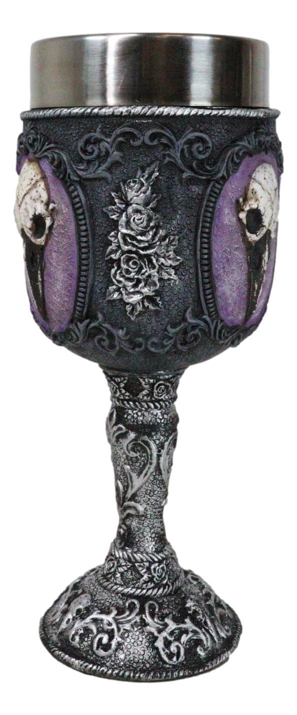 Ebros Gift Gothic Cameo Raven Crow Skull Tribal Knotwork With Blooming Roses Wine Goblet