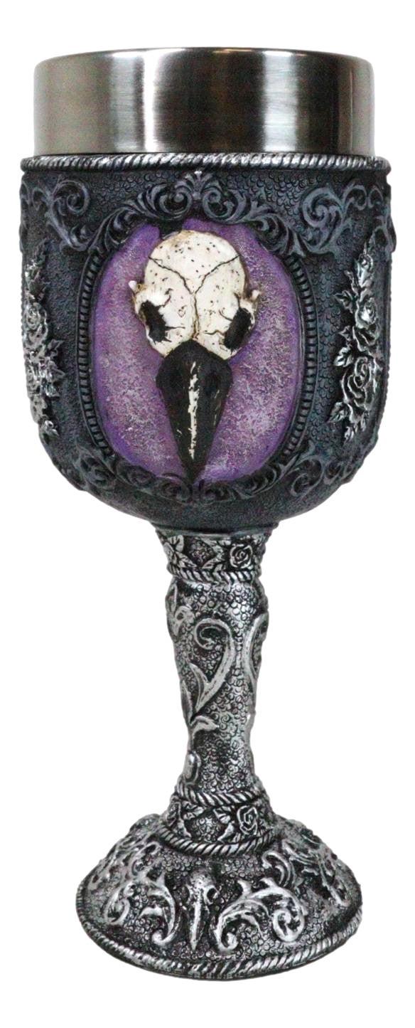 ebros gift Gothic Cameo Raven Crow Skull Tribal Knotwork With Blooming Roses Wine Goblet