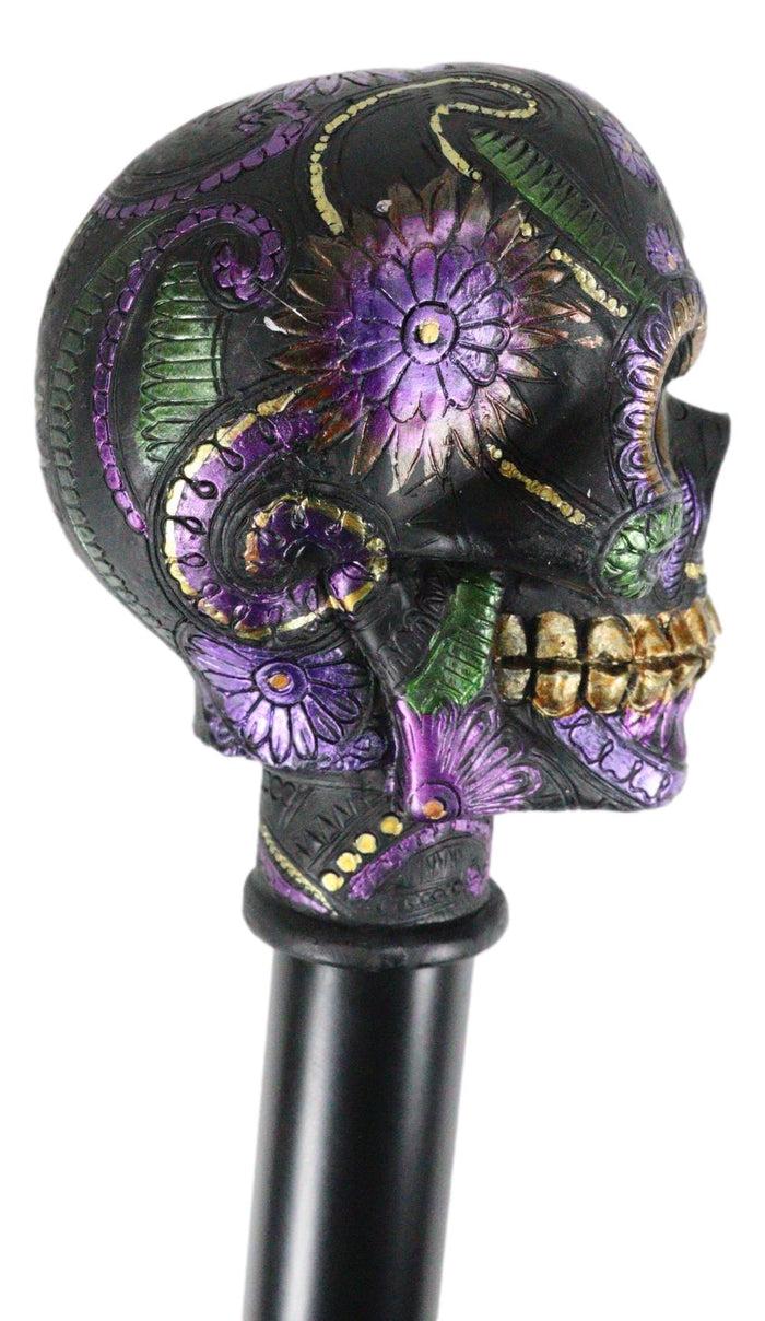 Ebros Gift Gothic Day Of The Dead Black Floral Sugar Skull Decorative Walking Cane 36"L