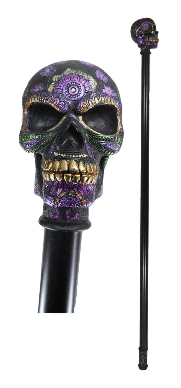 ebros gift Gothic Day of The Dead Black Floral Sugar Skull Decorative Walking Cane 36"L