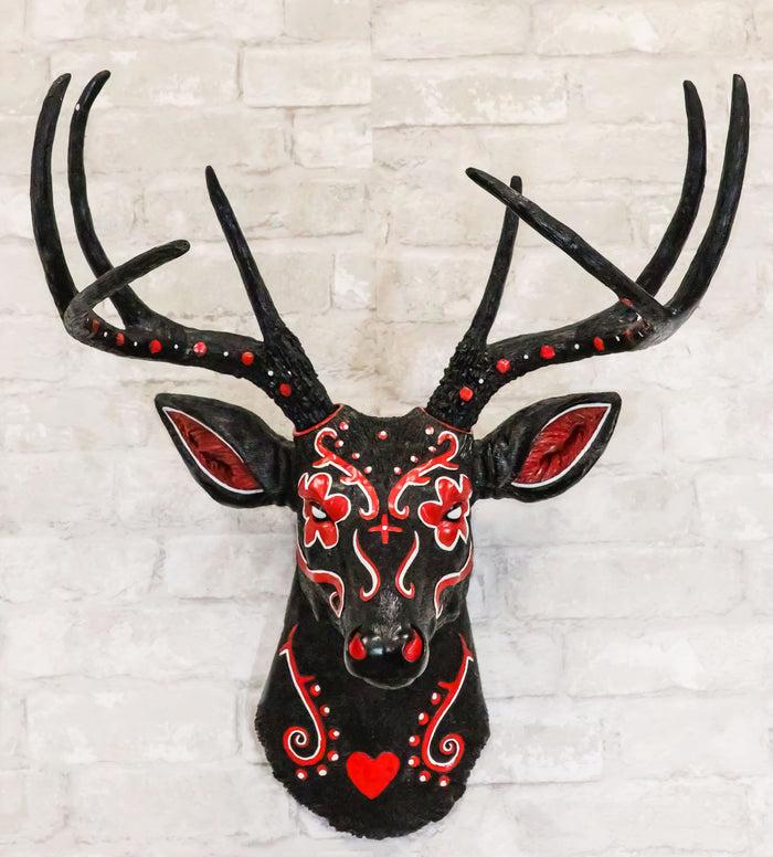 ebros gift Gothic Day of The Dead Black Red Buck Stag Deer Tribal Sugar Skull Wall Decor