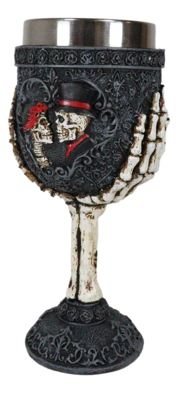 Ebros Gift Gothic Day Of The Dead Skeleton Skull Bride And Groom Black Roses Wine Goblet