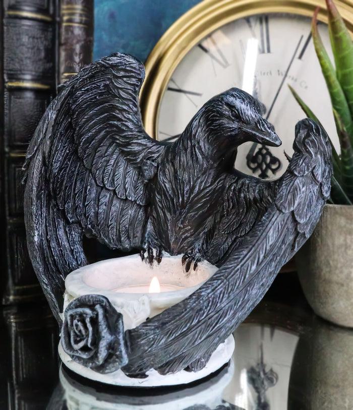 ebros gift Gothic Edgar Poe Nevermore Raven Ward Black Rose Resin Tea Light Candle Holder