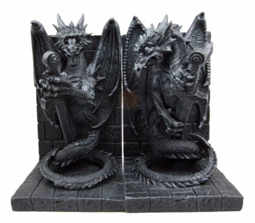 Ebros Gift Gothic Excalibur Sword Guardian Dragon Bookend Set Of Two Figurine Faux Stone