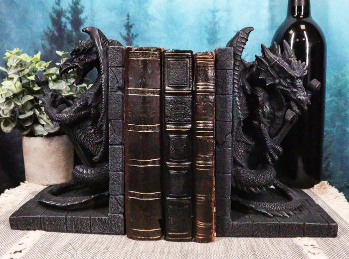 ebros gift Gothic Excalibur Sword Guardian Dragon Bookend Set of Two Figurine Faux Stone