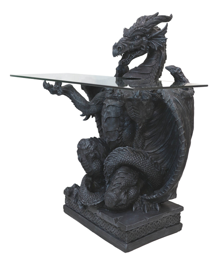Ebros Gift Gothic Fantasy Butler Black Dragon Sculptural Glass Topped Side Table 33.5"H