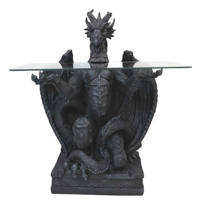 Ebros Gift Gothic Fantasy Butler Black Dragon Sculptural Glass Topped Side Table 33.5"H