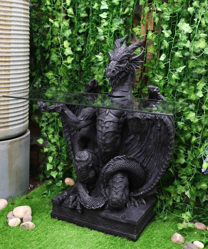 ebros gift Gothic Fantasy Butler Black Dragon Sculptural Glass Topped Side Table 33.5"H