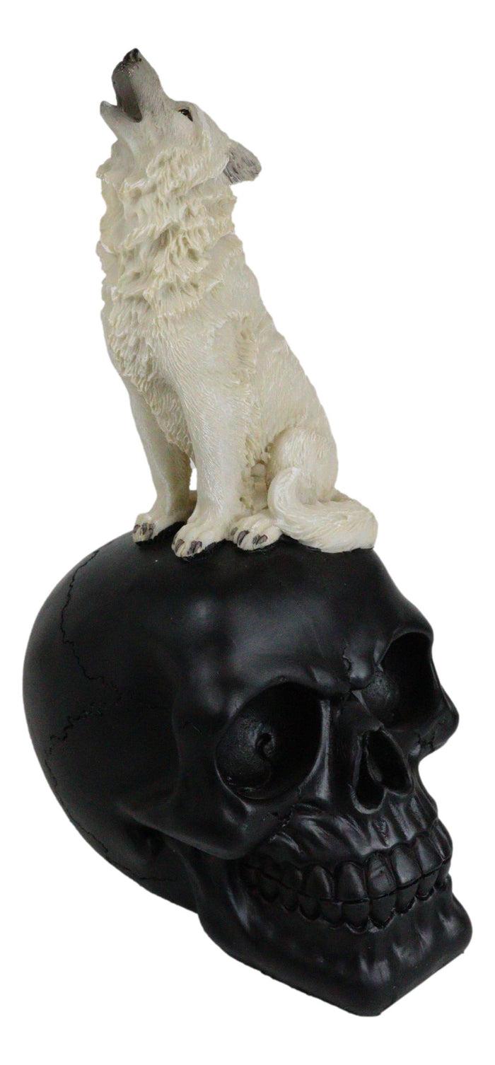 Ebros Gift Gothic Full Moon Howling White Wolf Sitting On Black Macabre Skull Figurine