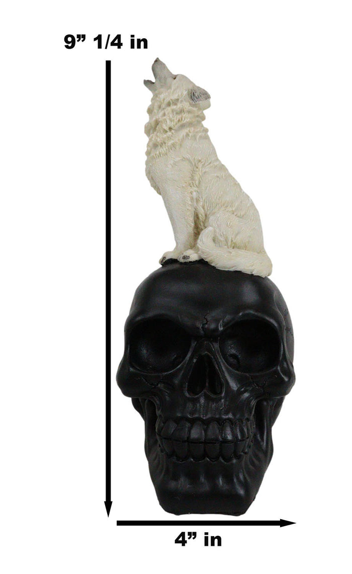 Ebros Gift Gothic Full Moon Howling White Wolf Sitting On Black Macabre Skull Figurine
