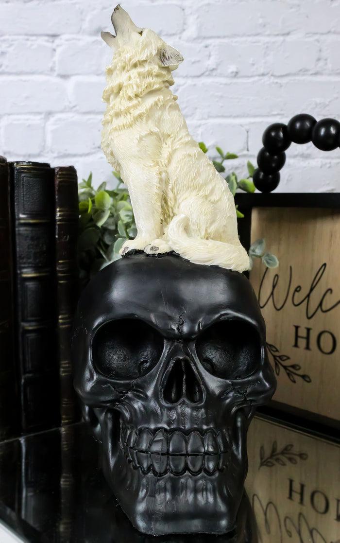 ebros gift Gothic Full Moon Howling White Wolf Sitting On Black Macabre Skull Figurine