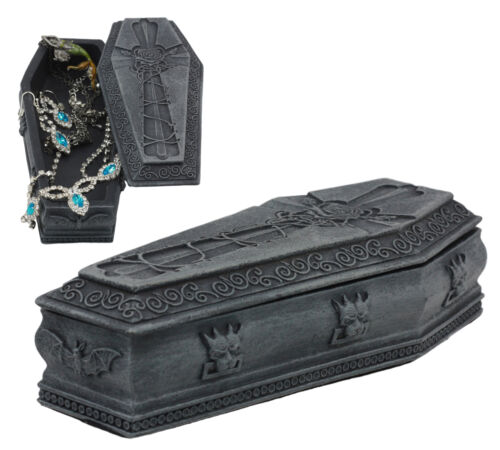 Ebros Gift Gothic Gargoyle With Twisted Rose Vine Cross Coffin Jewelry Box Figurine 6"Long