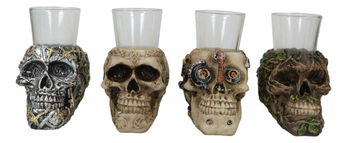 Ebros Gift Gothic Greenman Diamond Steampunk And Tribal Skulls Resin Shot Glass Set Of 4