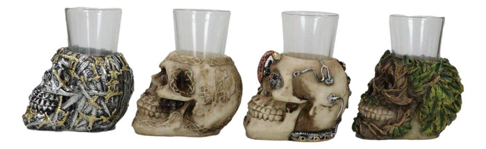 Ebros Gift Gothic Greenman Diamond Steampunk And Tribal Skulls Resin Shot Glass Set Of 4