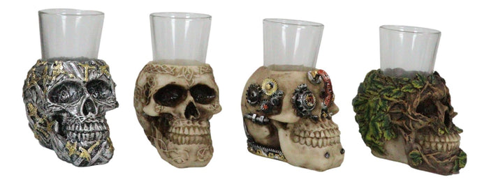 Ebros Gift Gothic Greenman Diamond Steampunk And Tribal Skulls Resin Shot Glass Set Of 4