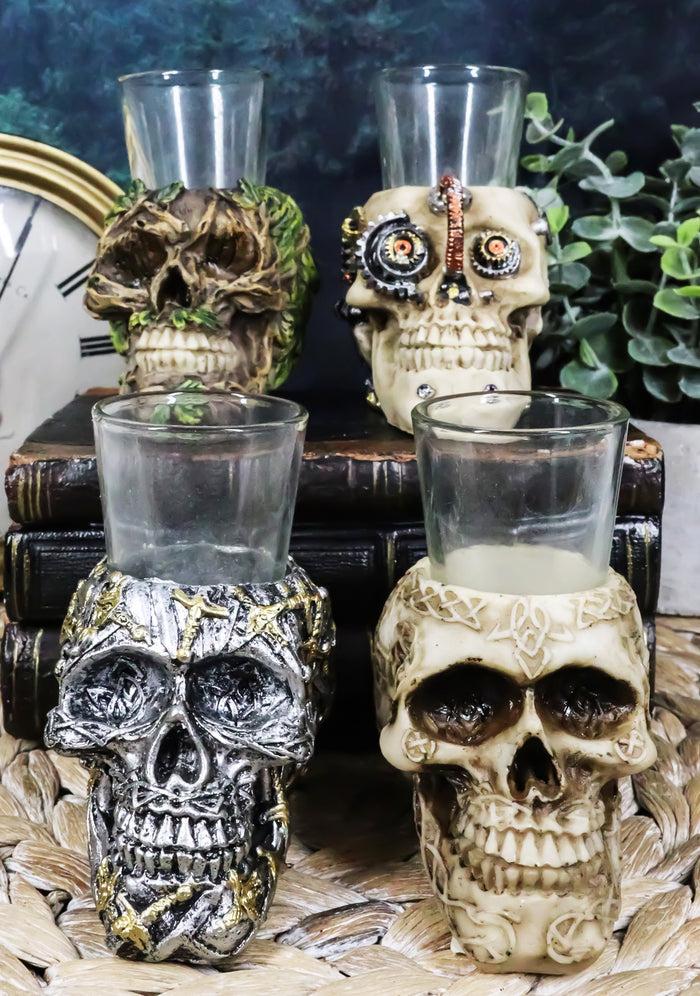 ebros gift Gothic Greenman Diamond Steampunk And Tribal Skulls Resin Shot Glass Set Of 4