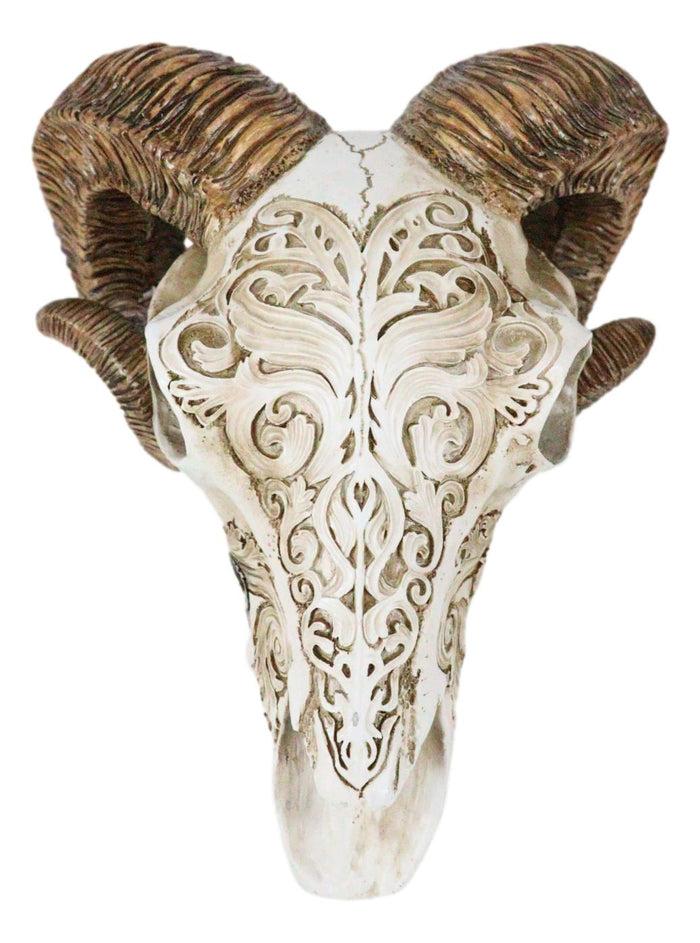 Ebros Gift Gothic Macabre Ammon Cultic Tribal Tooled Tattoo Scrimshaw Ram Skull Figurine
