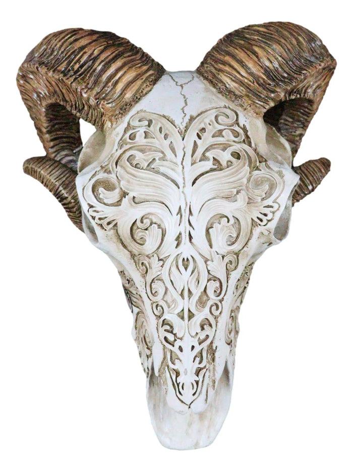 Ebros Gift Gothic Macabre Ammon Cultic Tribal Tooled Tattoo Scrimshaw Ram Skull Figurine