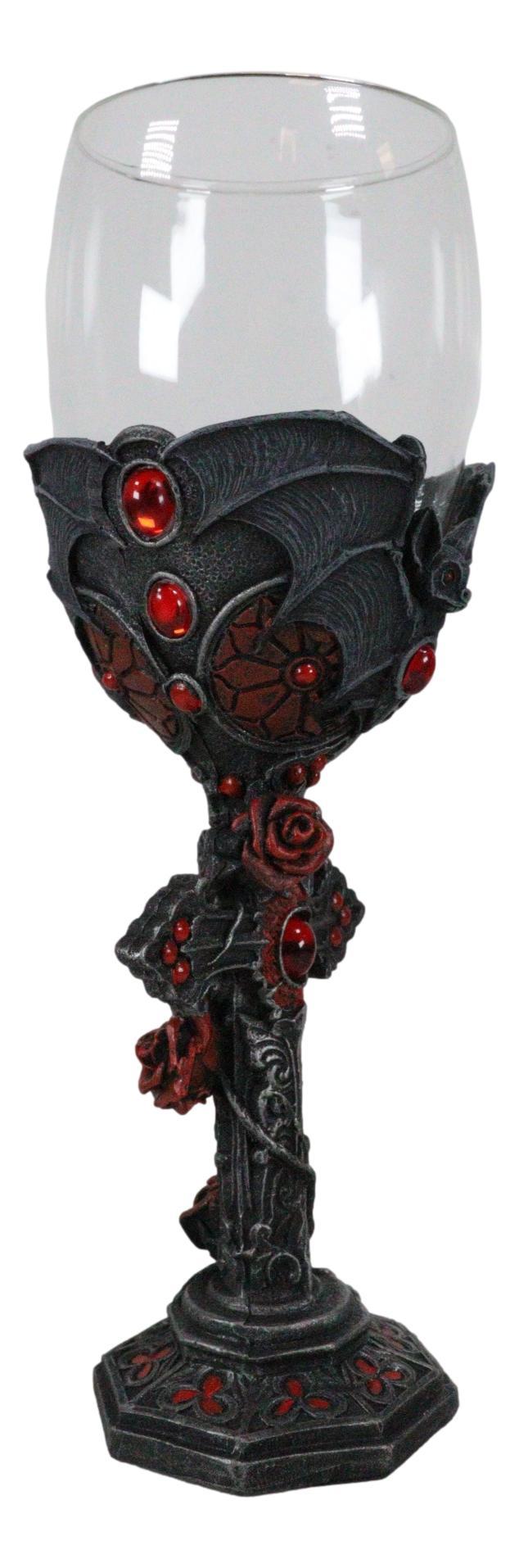Ebros Gift Gothic Macabre Flying Bat Cathedric Cross With Red Gems And Roses Wine Goblet