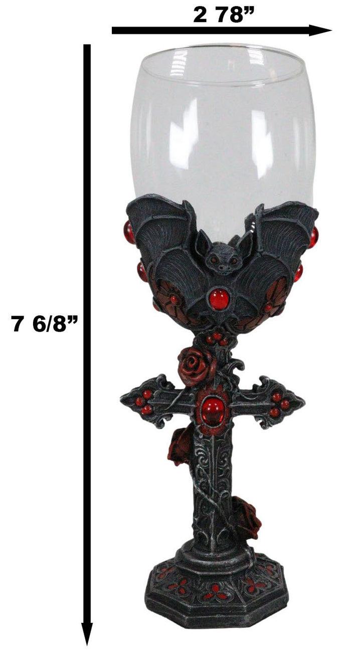 Ebros Gift Gothic Macabre Flying Bat Cathedric Cross With Red Gems And Roses Wine Goblet