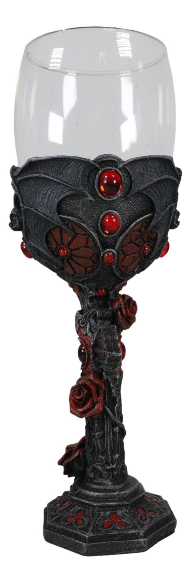 Ebros Gift Gothic Macabre Flying Bat Cathedric Cross With Red Gems And Roses Wine Goblet