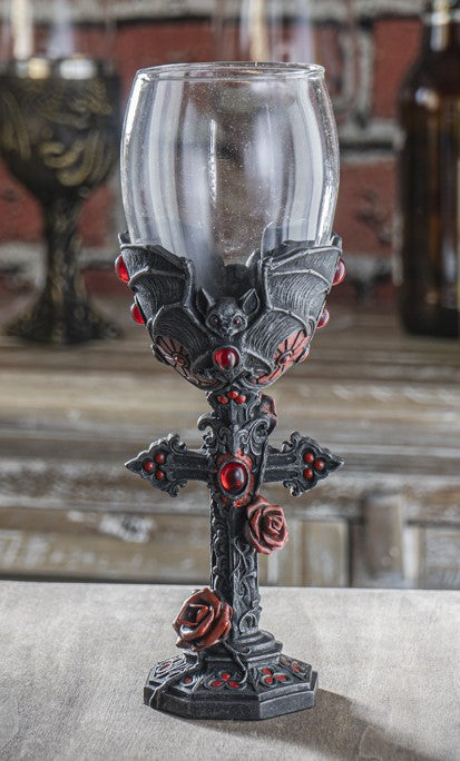 ebros gift Gothic Macabre Flying Bat Cathedric Cross With Red Gems And Roses Wine Goblet