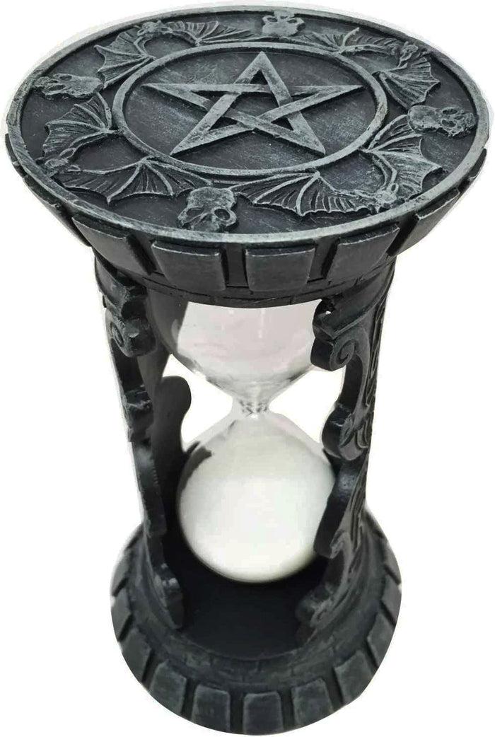 Ebros Gift Gothic Pentagram Wicca Circle RIP Bats And Skulls Faux Stone Sand Timer Figurine