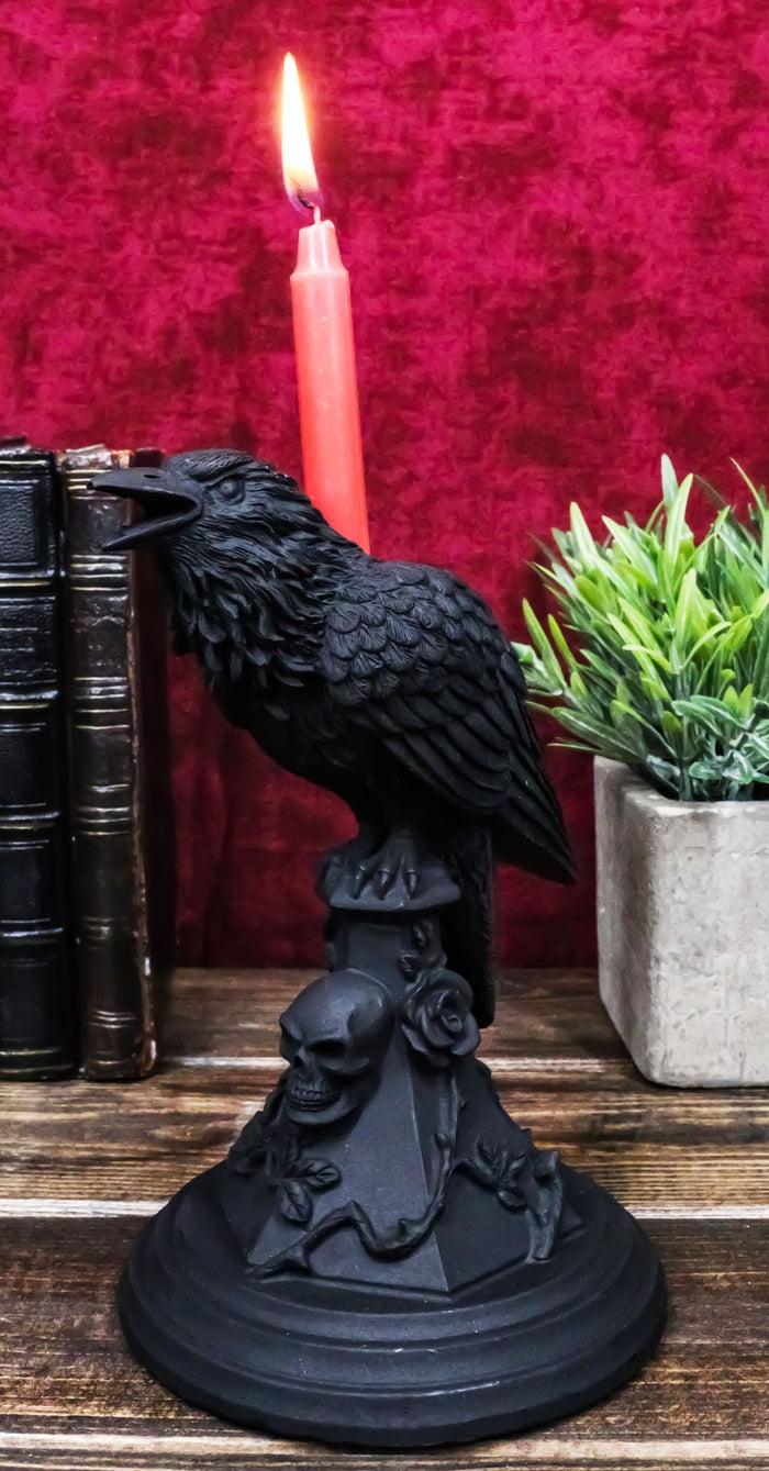 ebros gift Gothic Poe Raven Crow Black Rose Skull Tombstone Tea Light Votive Candle Holder