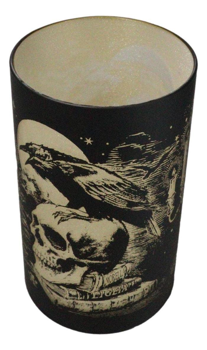 Ebros Gift Gothic Poe's Raven On Skull And Books Of Bibliography LED Etched Glass Lantern